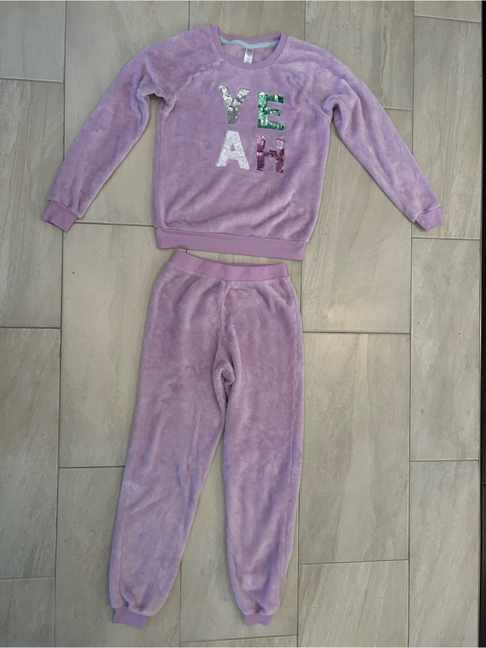 Kids Plush Lavender Pajama Set with Sequin 'YEAH' Accent